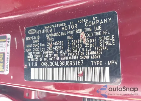 2019 Hyundai Tucson Sport из США, поврежденный, VIN KM8J3CAL9KU893167